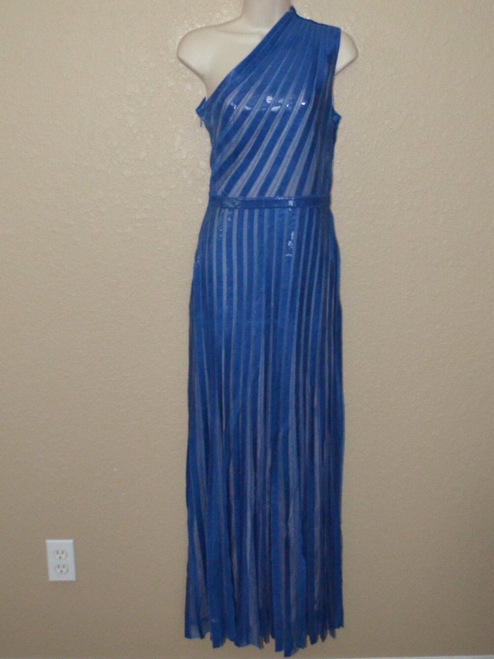 $1500 Sz 4 St. John Blue One Shoulder Striped Long Maxi Cocktail Dress
